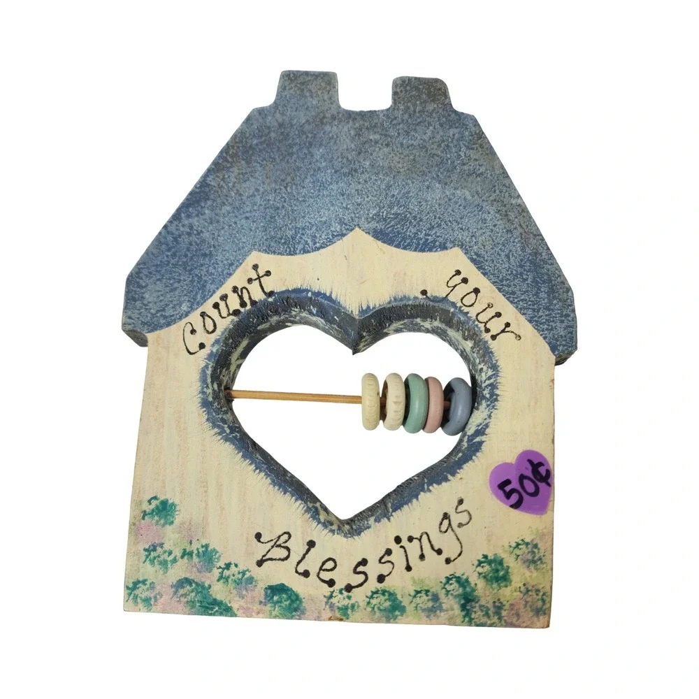 Vintage Count Your Blessings Wooden House Wall Plaque Abacus Heart Cutout Blue